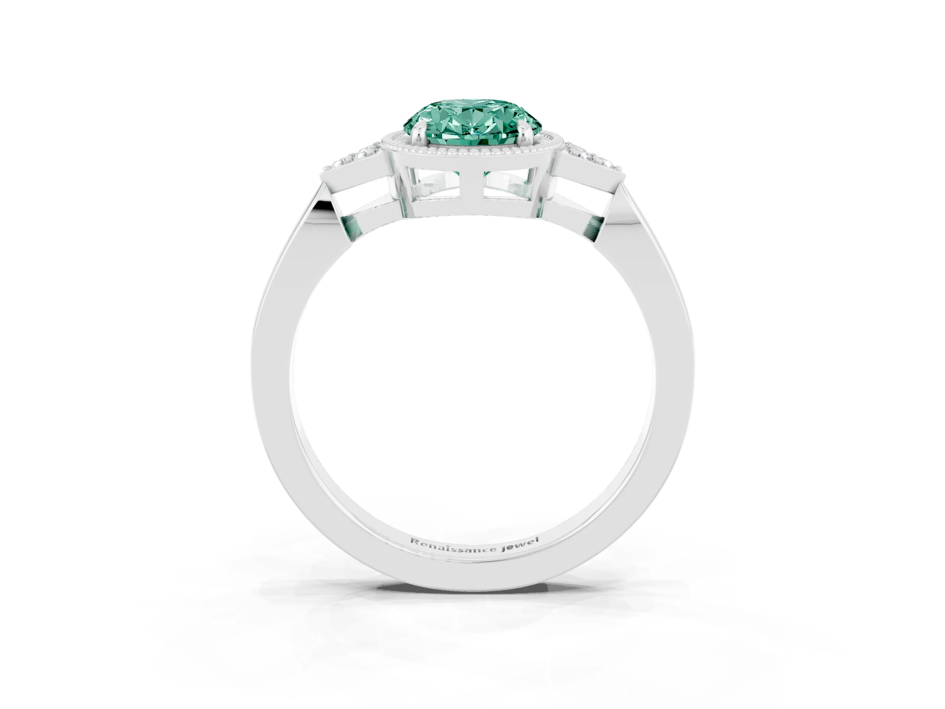 White gold Oval Cut Green Sapphire Halo Ring with Tapered Band and Four-Prong Setting_3