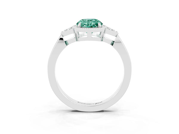 White gold Oval Cut Green Sapphire Halo Ring with Tapered Band and Four-Prong Setting