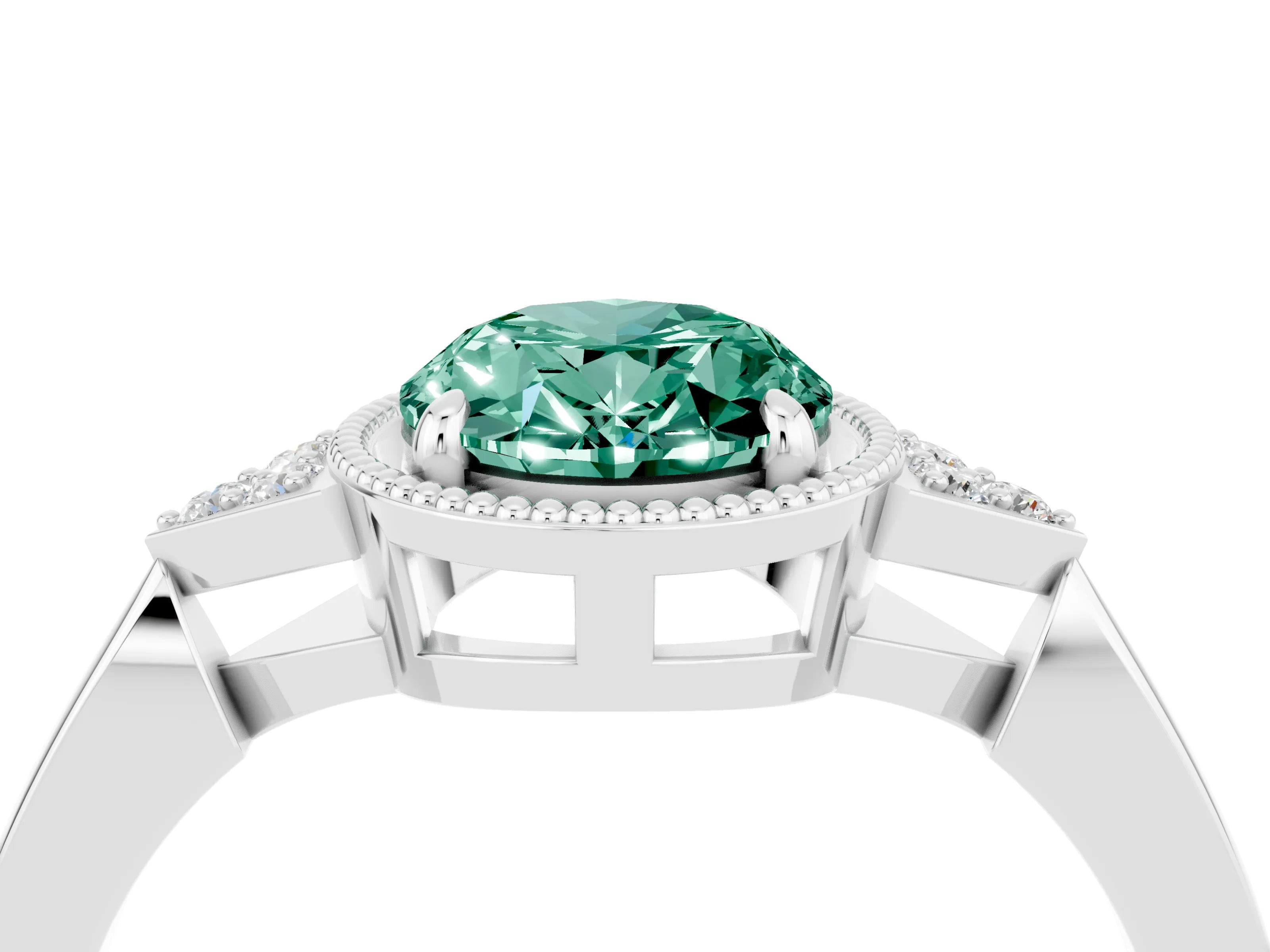 White gold Oval Cut Green Sapphire Halo Ring with Tapered Band and Four-Prong Setting_4