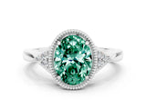 White gold Oval Cut Green Sapphire Halo Ring with Tapered Band and Four-Prong Setting