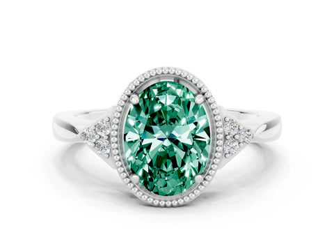 White gold Oval Cut Green Sapphire Halo Ring with Tapered Band and Four-Prong Setting