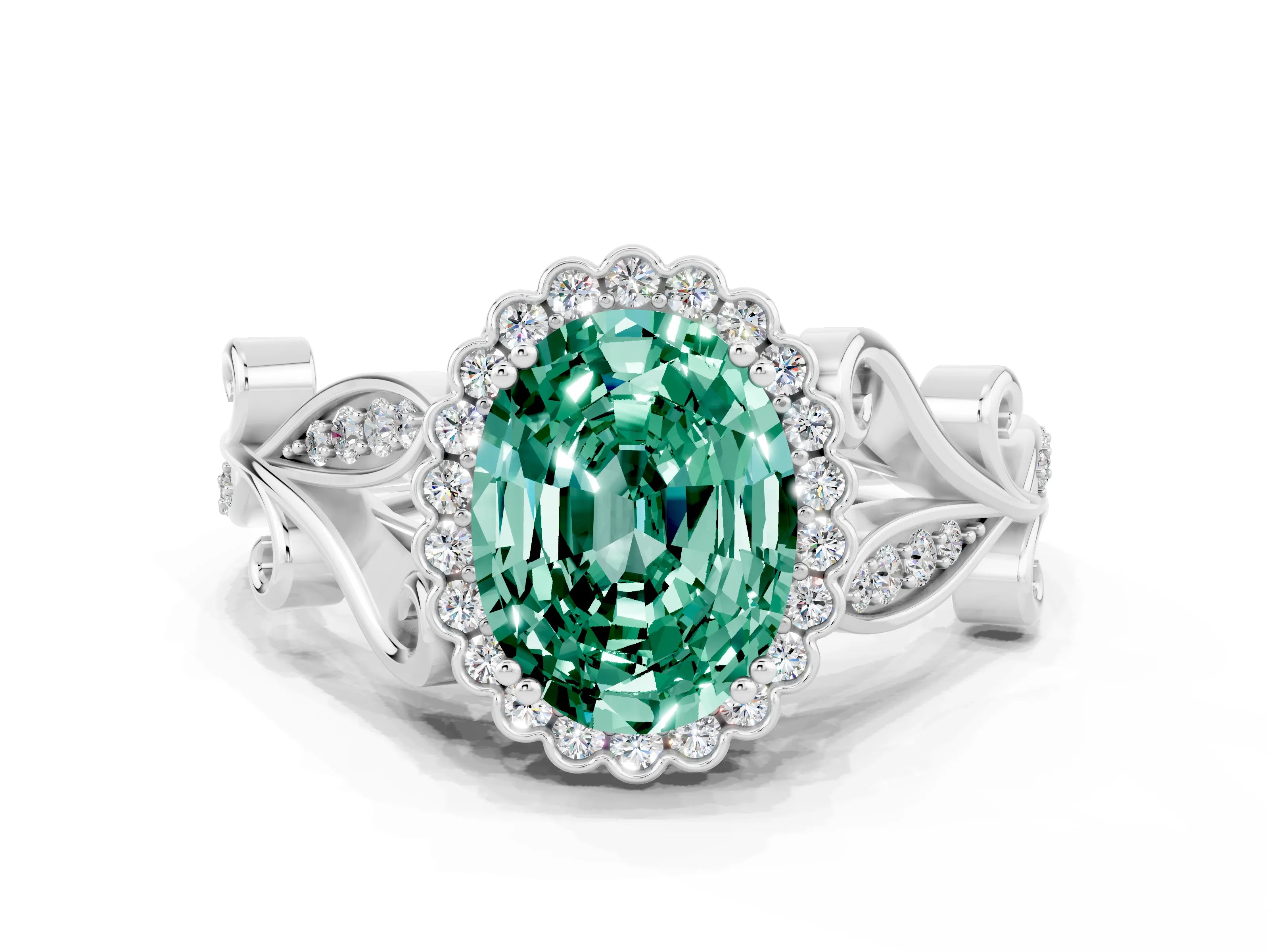 White gold Oval Cut Green Sapphire Halo Ring with Vintage Split Shank and Four-Prong Setting_24