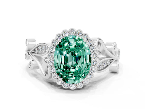 White gold Oval Cut Green Sapphire Halo Ring with Vintage Split Shank and Four-Prong Setting_24