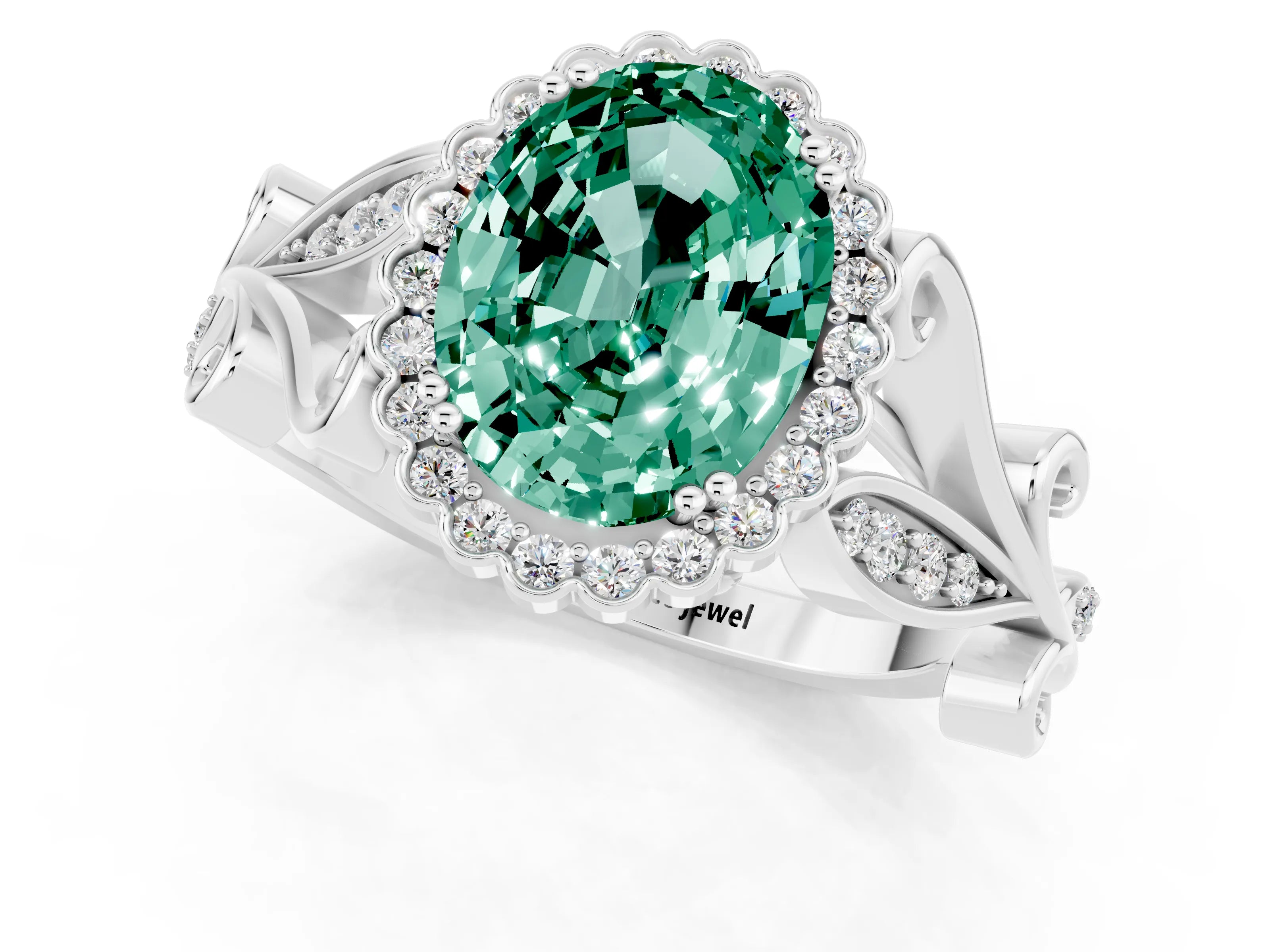 White gold Oval Cut Green Sapphire Halo Ring with Vintage Split Shank and Four-Prong Setting_25