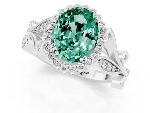 White gold Oval Cut Green Sapphire Halo Ring with Vintage Split Shank and Four-Prong Setting_25