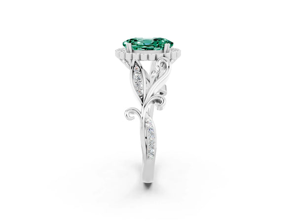 Platinum Oval Cut Green Sapphire Halo Ring with Vintage Split Shank and Four-Prong Setting