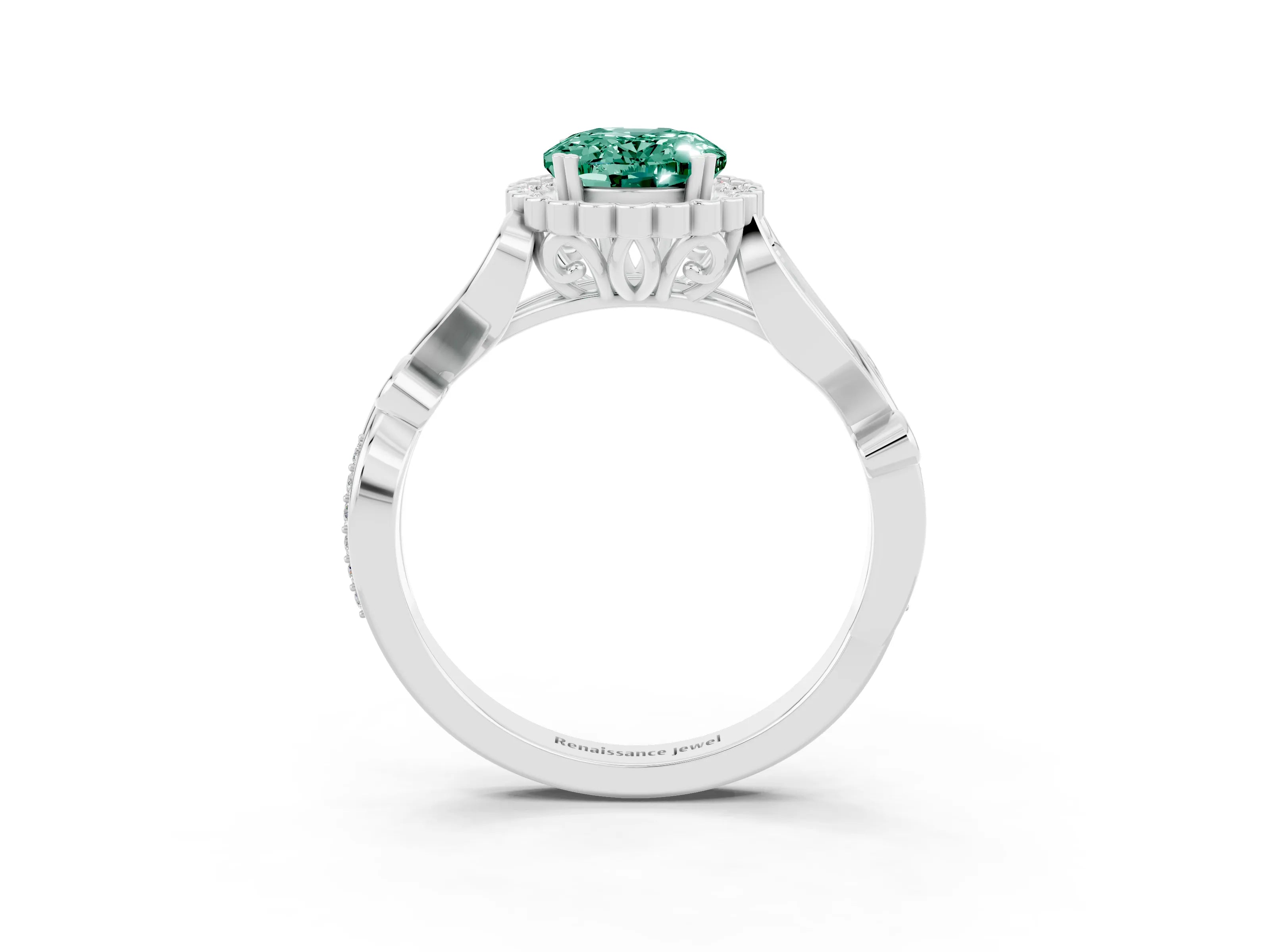 White gold Oval Cut Green Sapphire Halo Ring with Vintage Split Shank and Four-Prong Setting_27