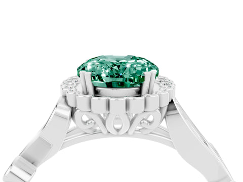 White gold Oval Cut Green Sapphire Halo Ring with Vintage Split Shank and Four-Prong Setting_28