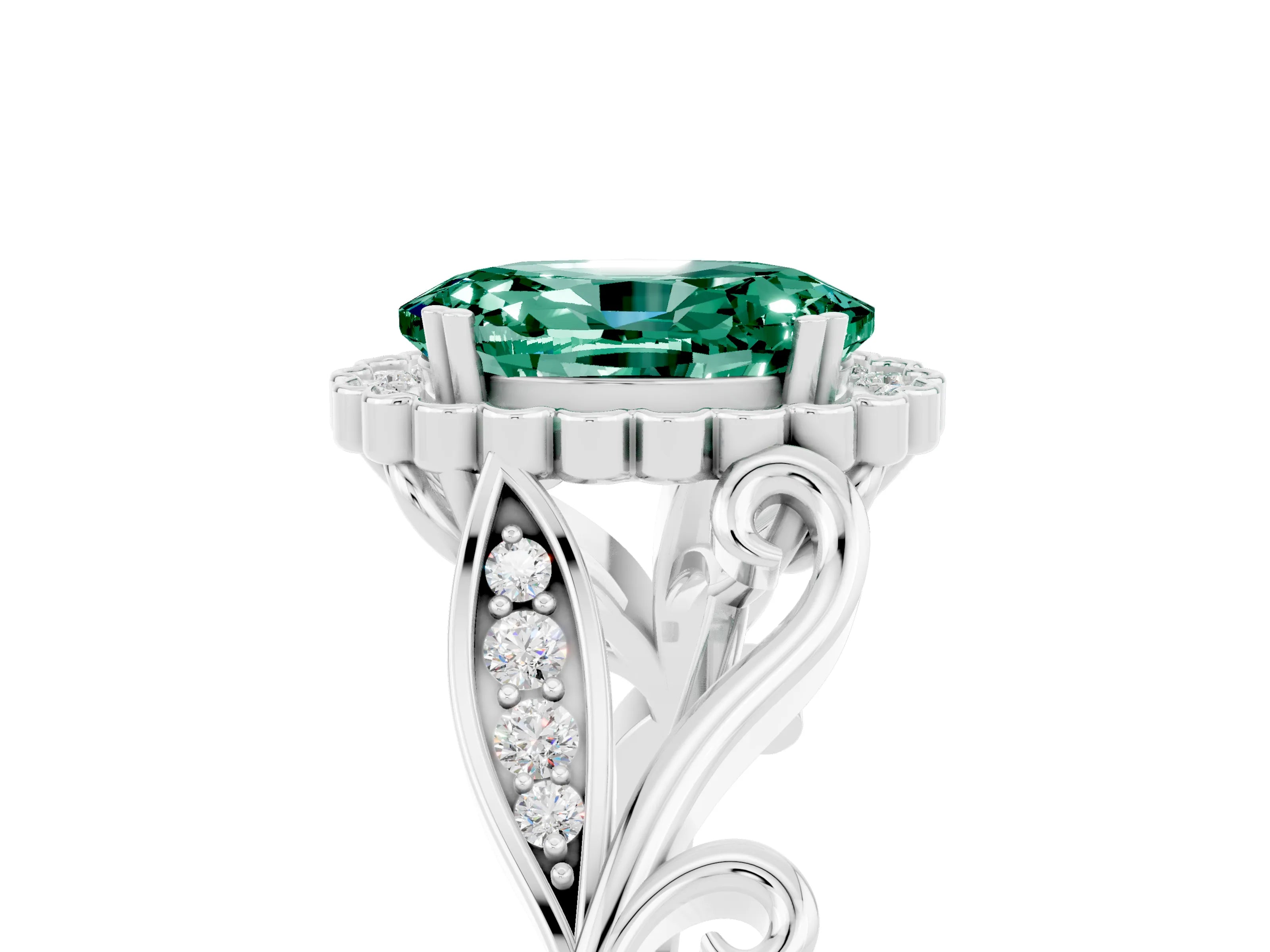 White gold Oval Cut Green Sapphire Halo Ring with Vintage Split Shank and Four-Prong Setting_29