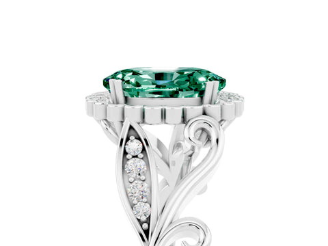 White gold Oval Cut Green Sapphire Halo Ring with Vintage Split Shank and Four-Prong Setting_29