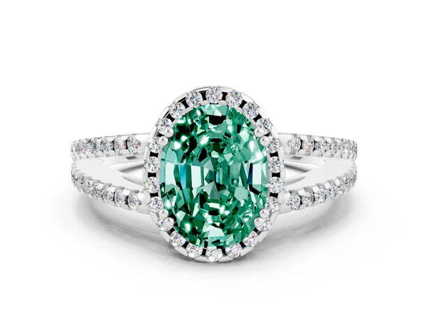 Platinum Oval Cut Green Sapphire Halo Split Shank Engagement Ring