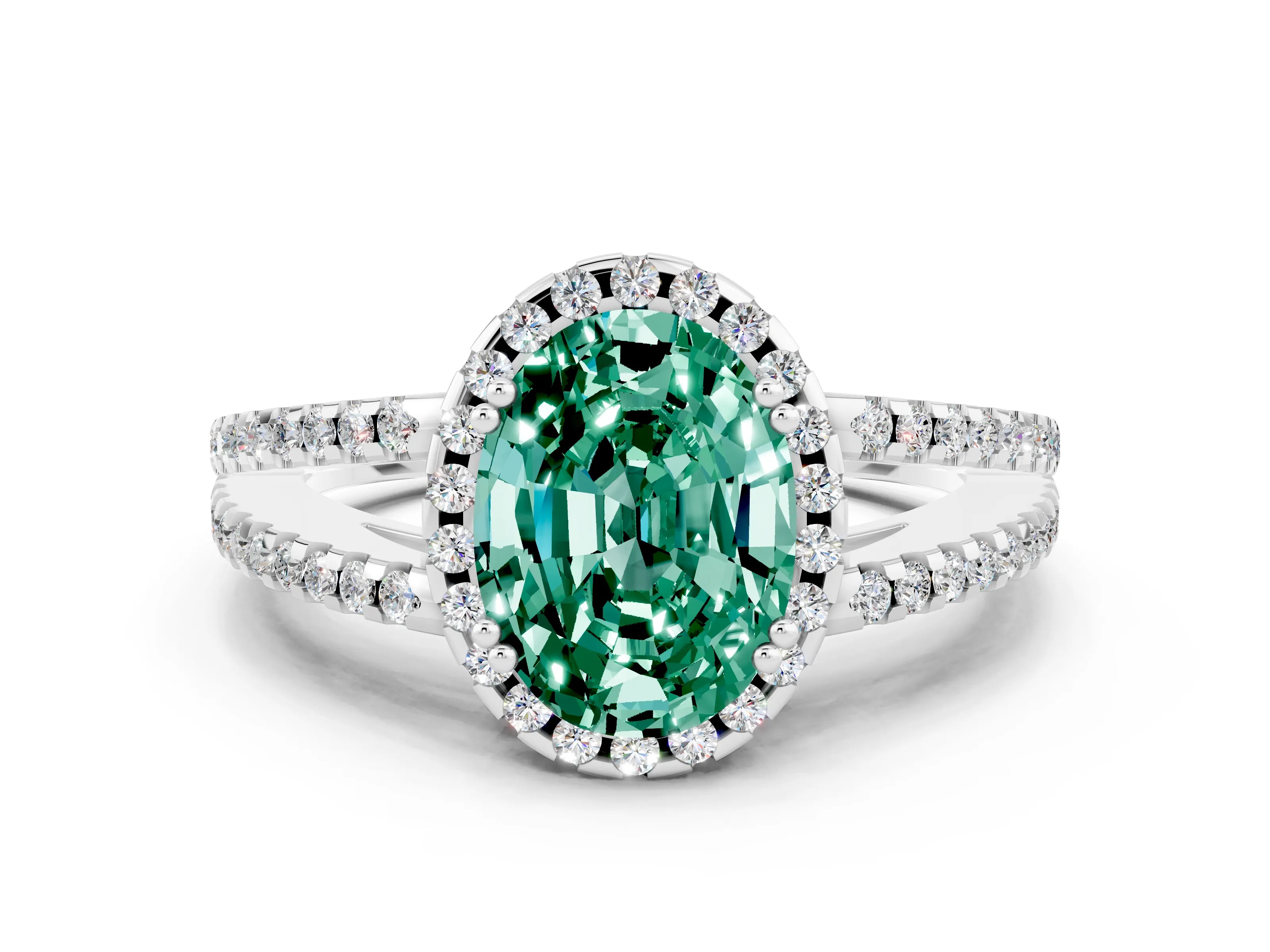 White gold Oval Cut Green Sapphire Halo Split Shank Engagement Ring_12