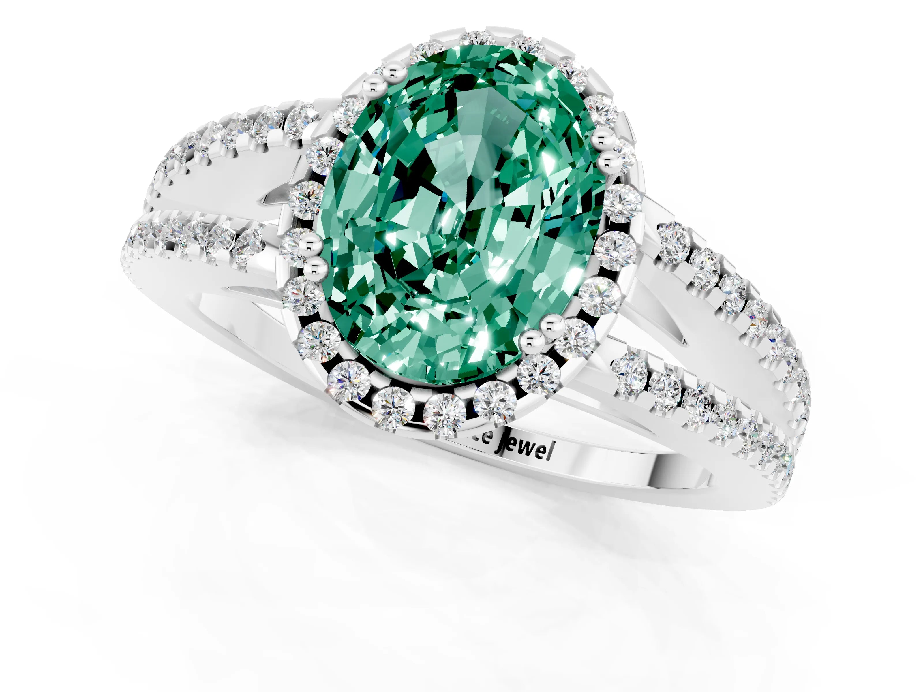White gold Oval Cut Green Sapphire Halo Split Shank Engagement Ring_13