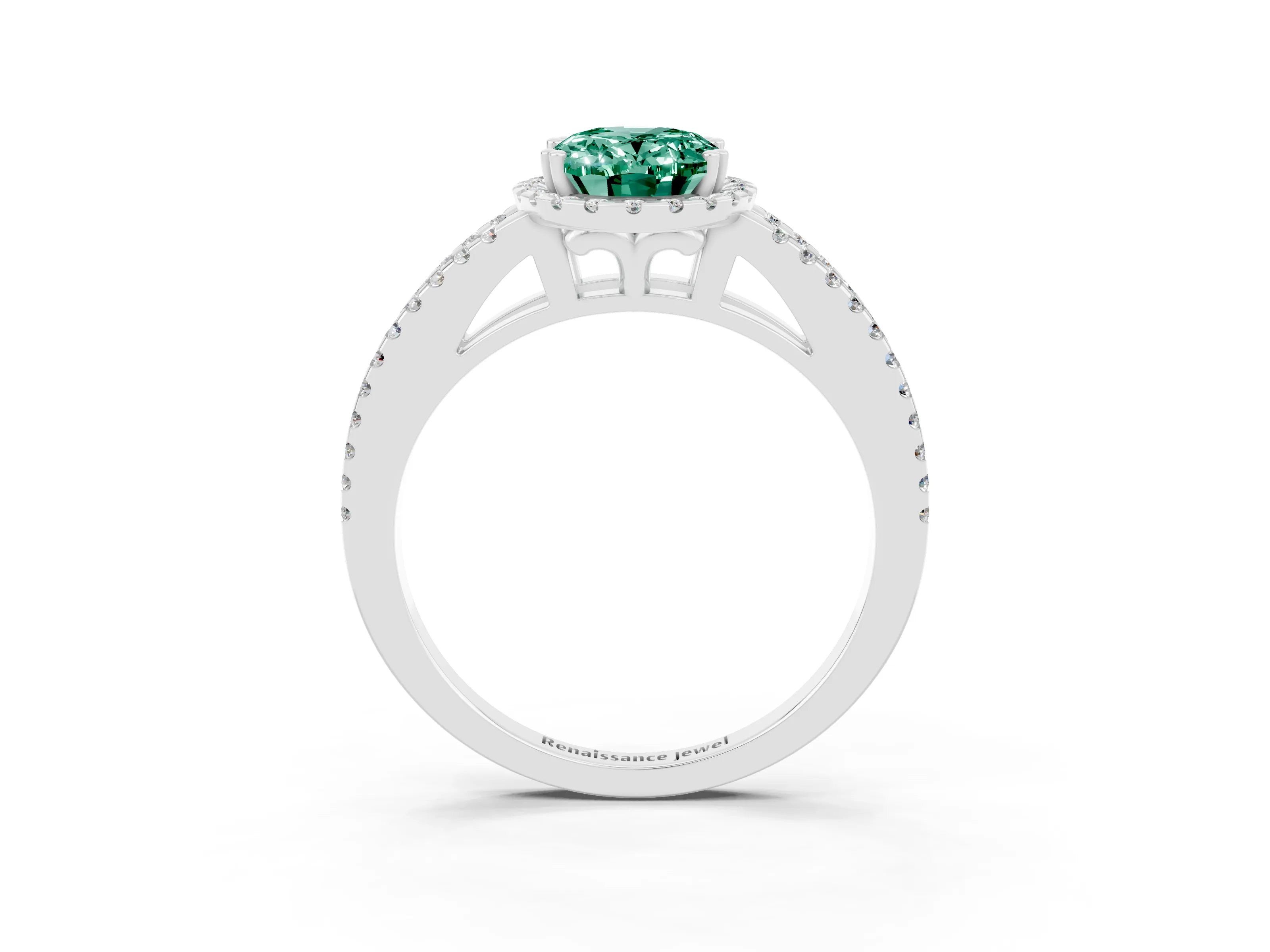 White gold Oval Cut Green Sapphire Halo Split Shank Engagement Ring_15