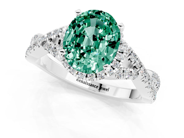 Platinum Oval Cut Green Sapphire  Halo Twist Band Solitaire Prong Setting Ring