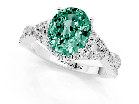 White gold Oval Cut Green Sapphire Halo Twist Band Solitaire Prong Setting Ring_1