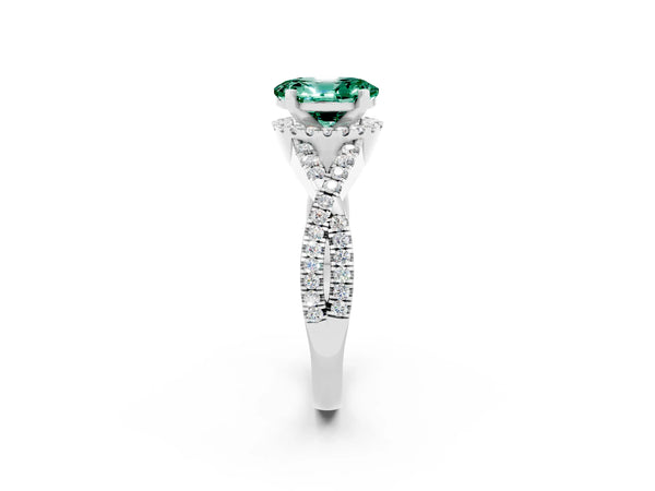 White gold Oval Cut Green Sapphire  Halo Twist Band Solitaire Prong Setting Ring