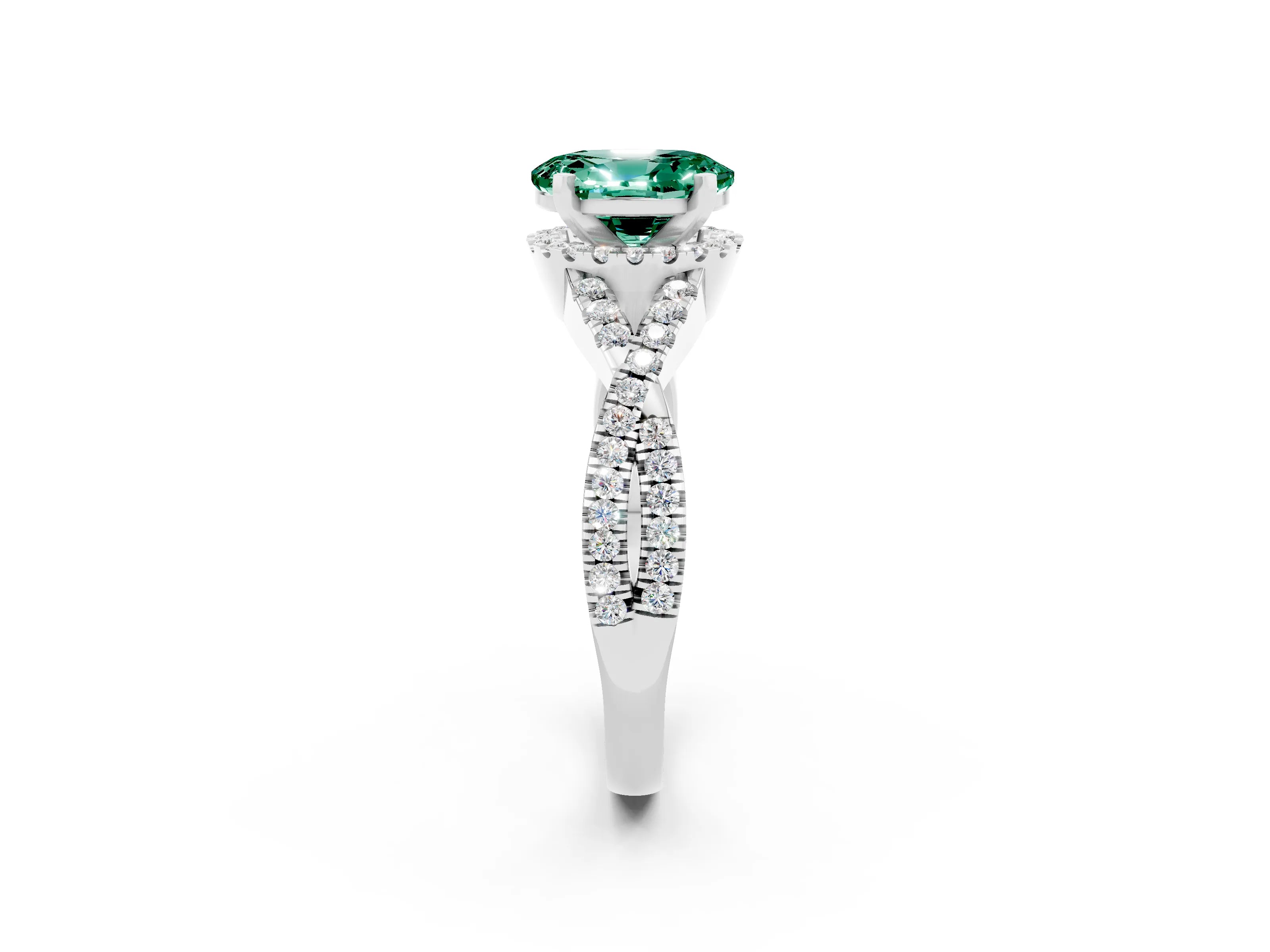 White gold Oval Cut Green Sapphire Halo Twist Band Solitaire Prong Setting Ring_2