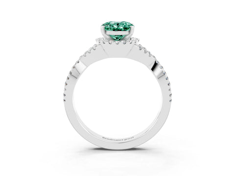White gold Oval Cut Green Sapphire Halo Twist Band Solitaire Prong Setting Ring_3