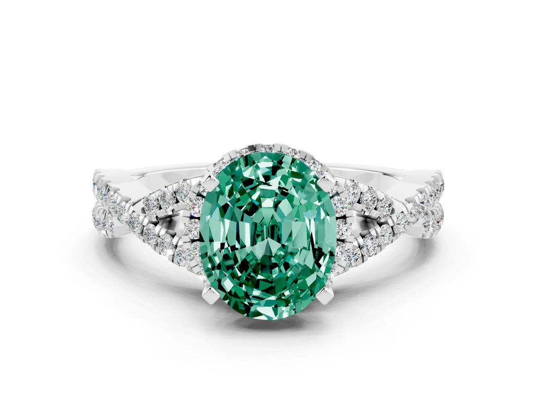 White gold Oval Cut Green Sapphire  Halo Twist Band Solitaire Prong Setting Ring_48