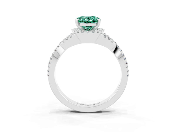 White gold Oval Cut Green Sapphire  Halo Twist Band Solitaire Prong Setting Ring