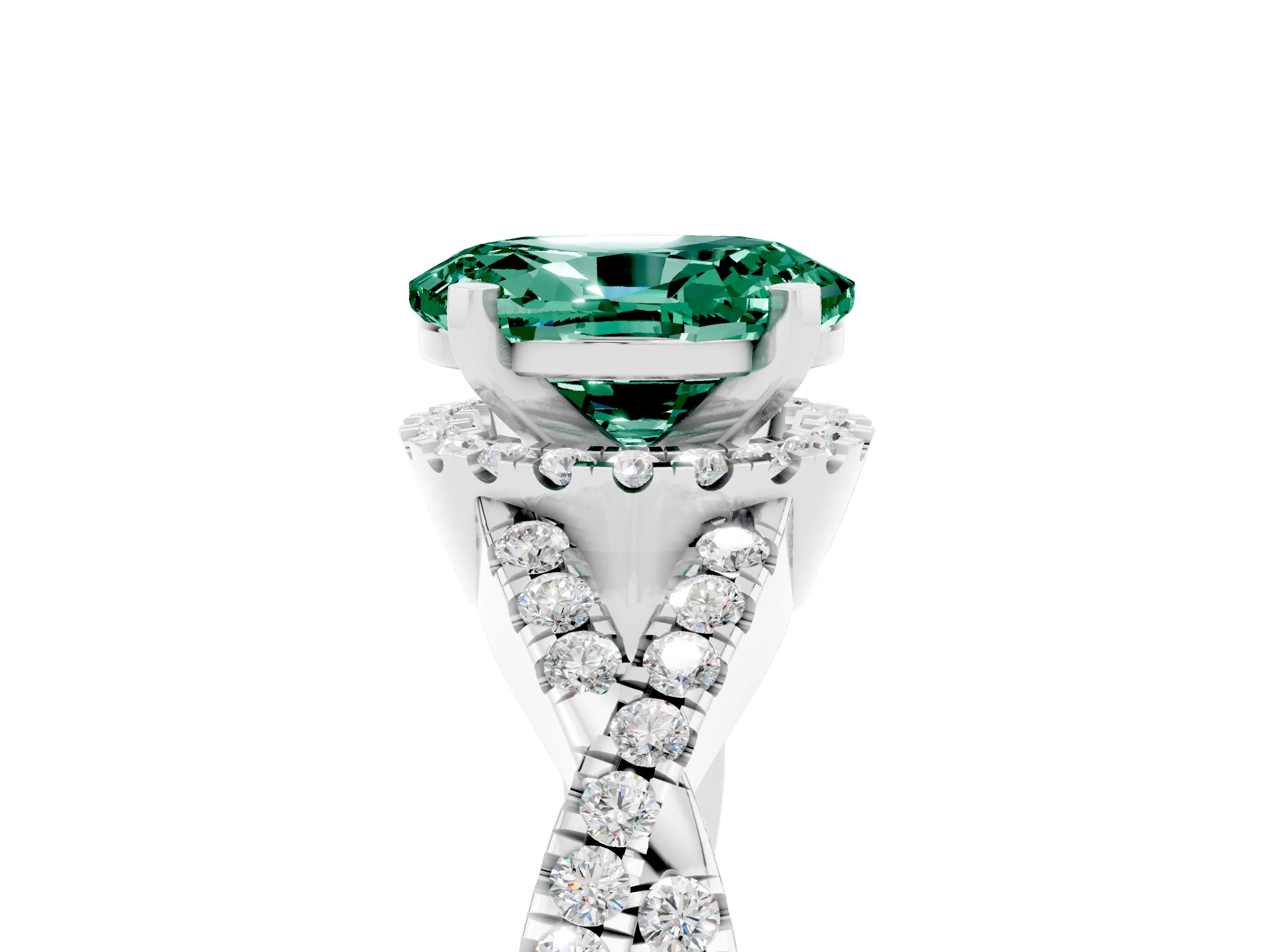 White gold Oval Cut Green Sapphire Halo Twist Band Solitaire Prong Setting Ring_5