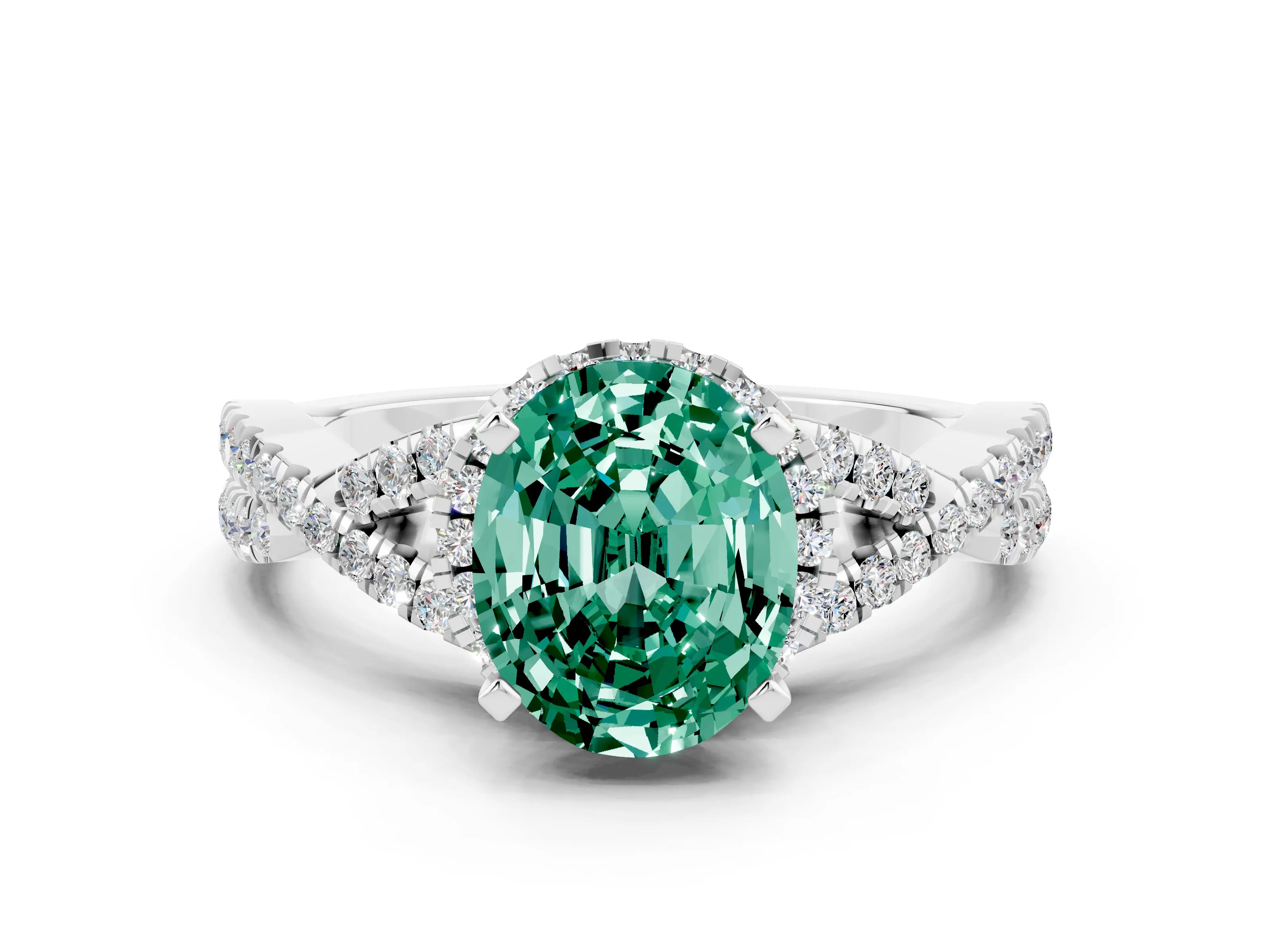 White gold Oval Cut Green Sapphire Halo Twist Band Solitaire Prong Setting Ring