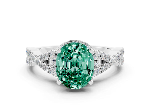 Silver Oval Cut Green Sapphire  Halo Twist Band Solitaire Prong Setting Ring