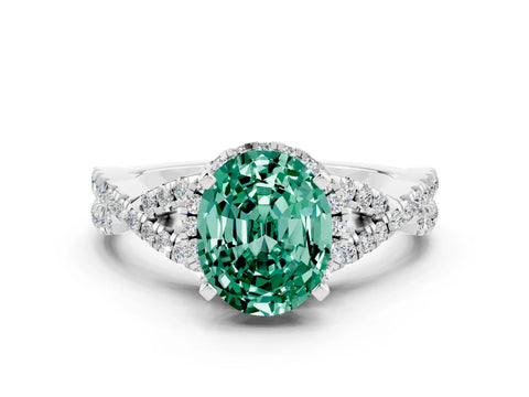 White gold Oval Cut Green Sapphire Halo Twist Band Solitaire Prong Setting Ring