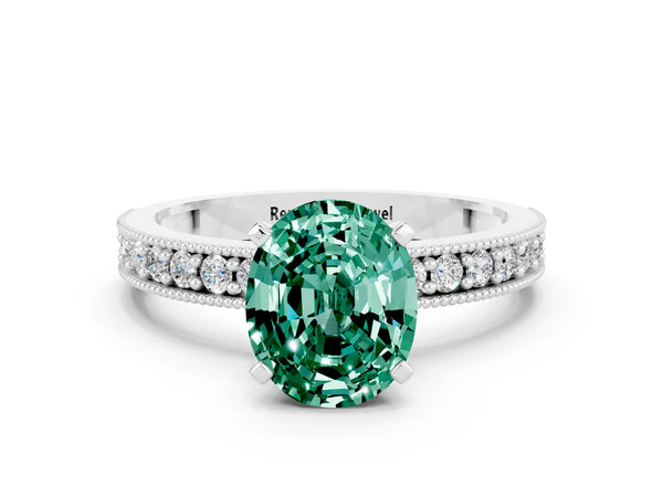 White gold Oval Cut Green Sapphire Milgrain Pavé Engagement Ring with Four-Prong Setting