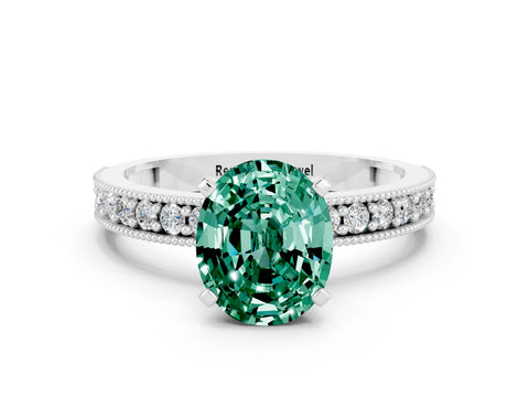 White gold Oval Cut Green Sapphire Milgrain Pavé Engagement Ring with Four-Prong Setting_12