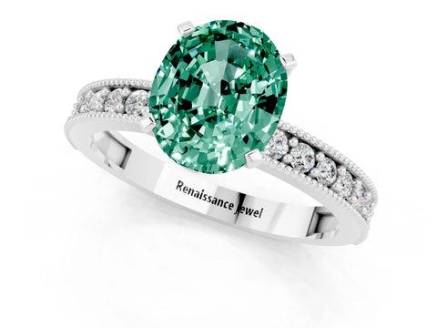 White gold Oval Cut Green Sapphire Milgrain Pavé Engagement Ring with Four-Prong Setting_13