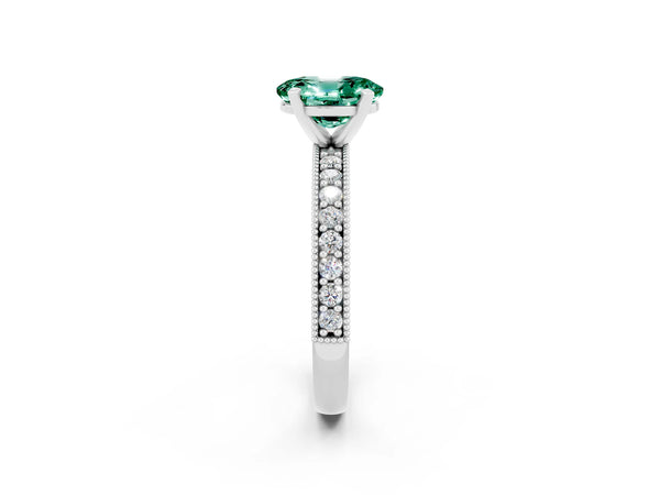 Silver Oval Cut Green Sapphire Milgrain Pavé Engagement Ring with Four-Prong Setting