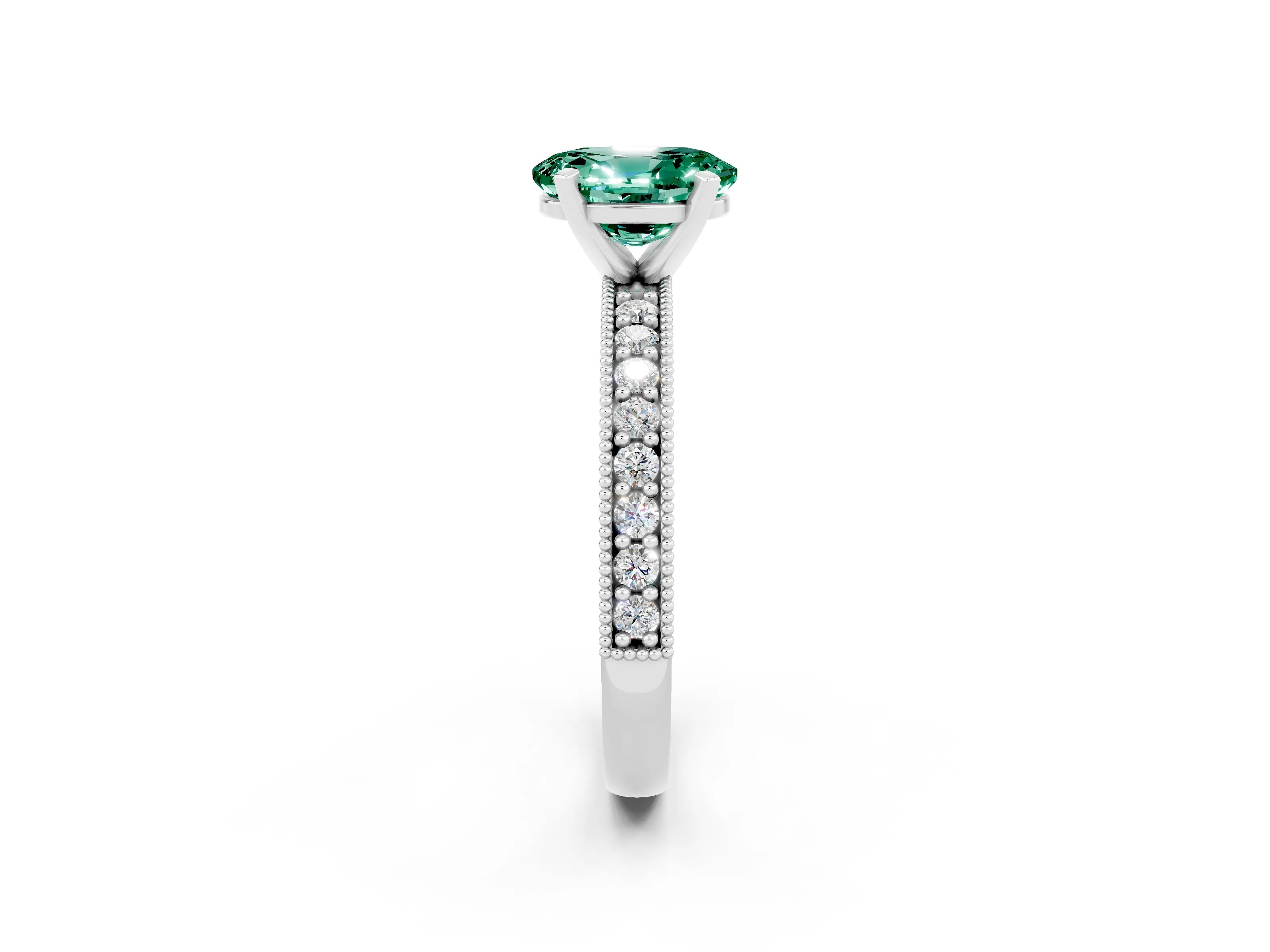 White gold Oval Cut Green Sapphire Milgrain Pavé Engagement Ring with Four-Prong Setting_14