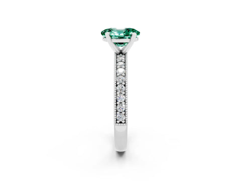 White gold Oval Cut Green Sapphire Milgrain Pavé Engagement Ring with Four-Prong Setting_14