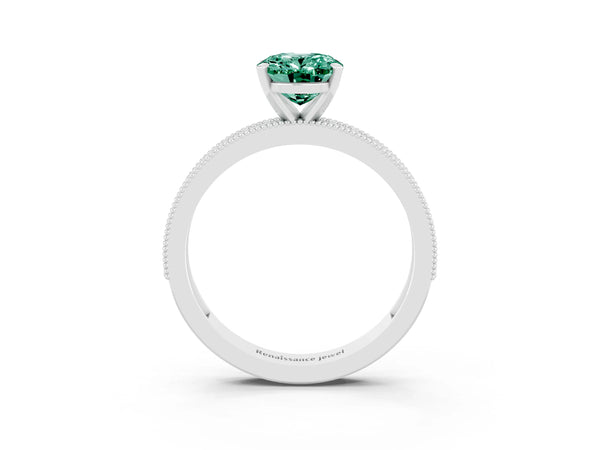 Platinum Oval Cut Green Sapphire Milgrain Pavé Engagement Ring with Four-Prong Setting