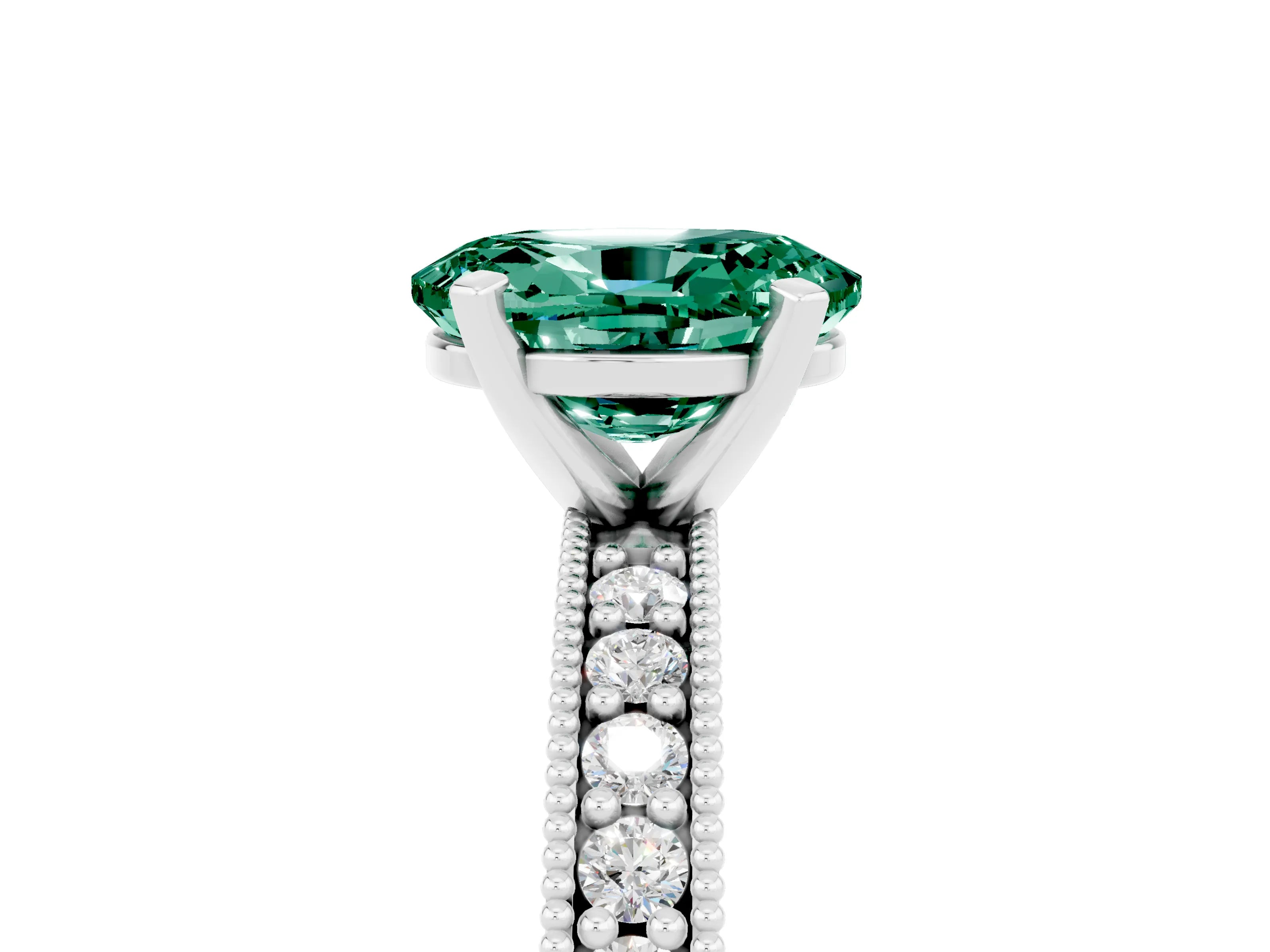 White gold Oval Cut Green Sapphire Milgrain Pavé Engagement Ring with Four-Prong Setting_17