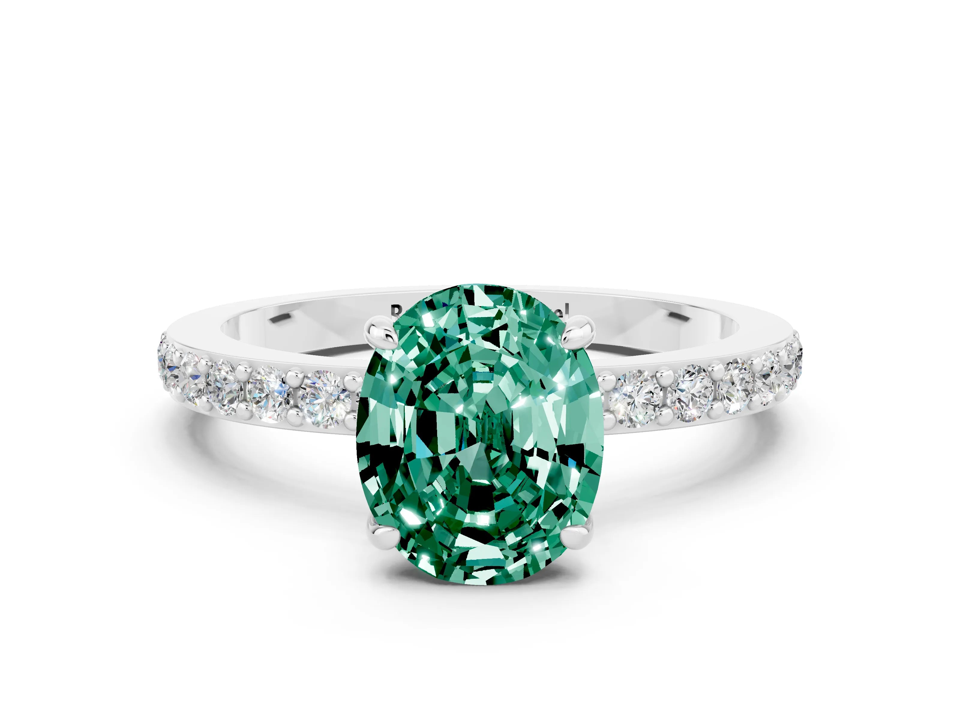White gold Oval Cut Green Sapphire Pavé Engagement Ring with Round  Accents and Prong Setting_24