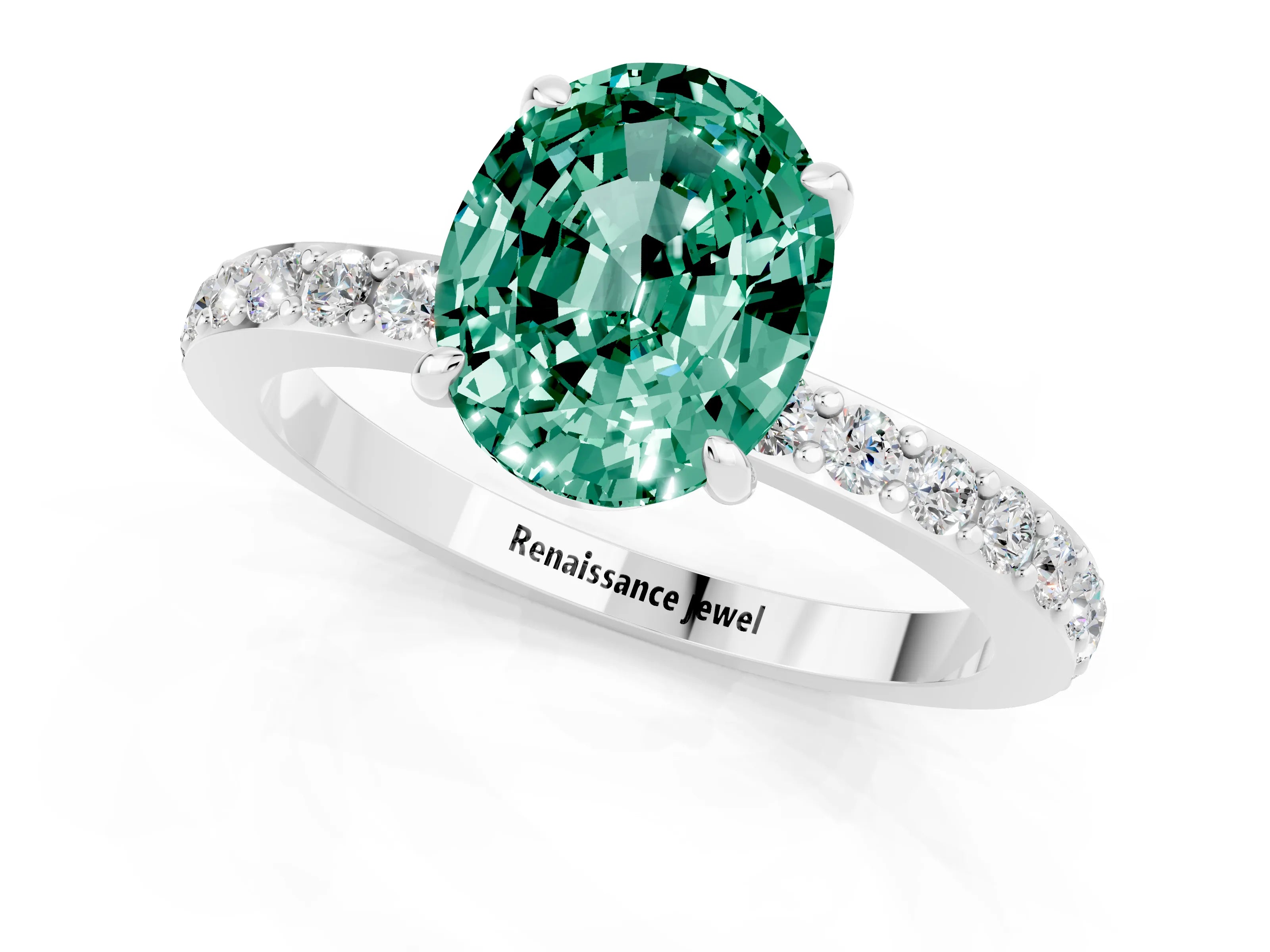 White gold Oval Cut Green Sapphire Pavé Engagement Ring with Round  Accents and Prong Setting_25