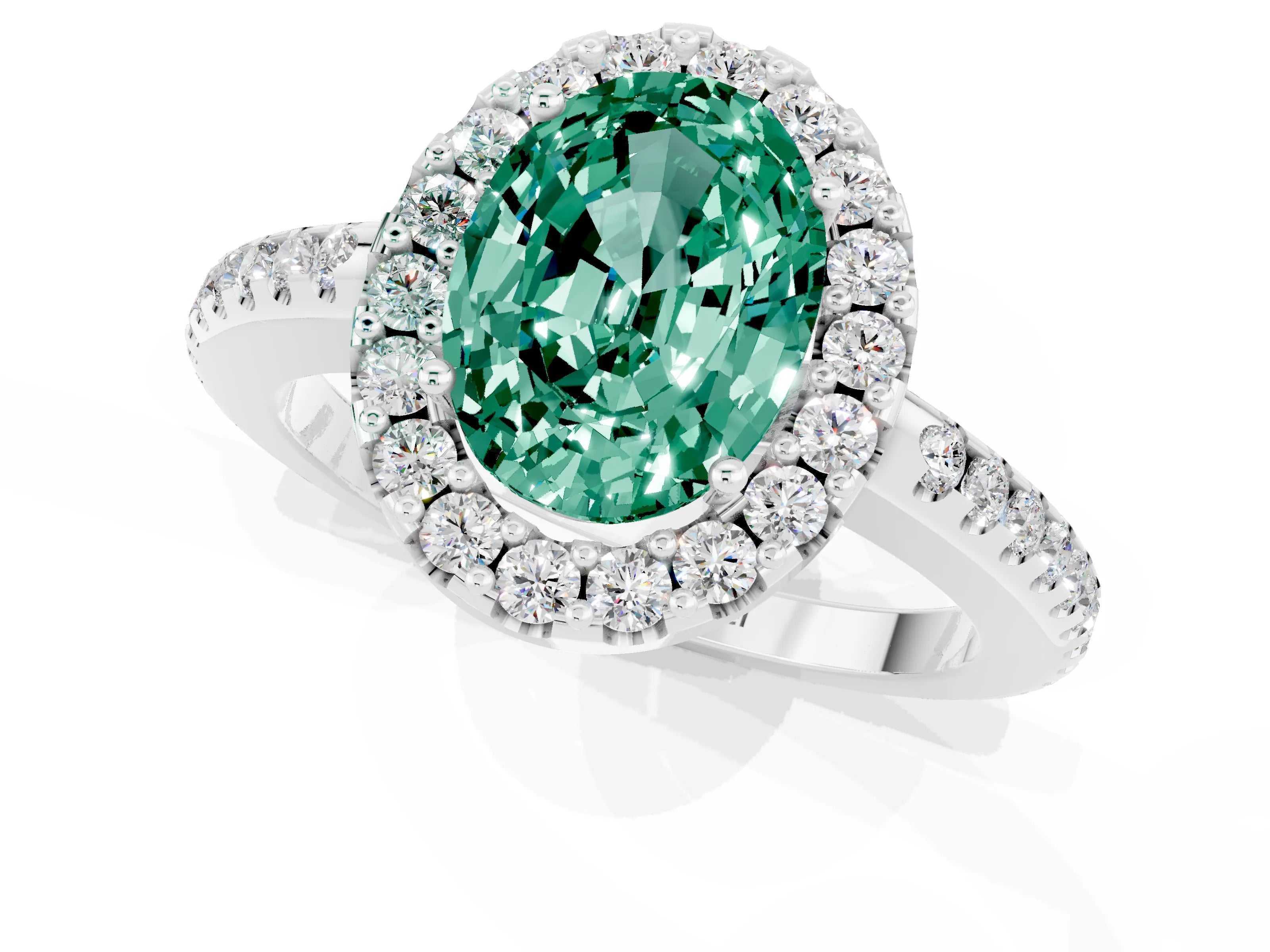 White gold Oval Cut Green Sapphire Pavé Halo Ring with Four-Prong Setting_31
