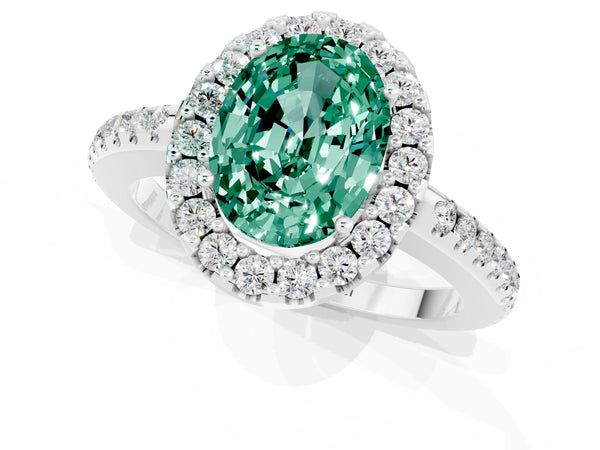 Silver Oval Cut Green Sapphire Pavé Halo Ring with Four-Prong Setting
