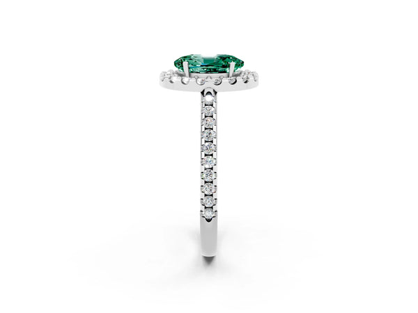 White gold Oval Cut Green Sapphire Pavé Halo Ring with Four-Prong Setting