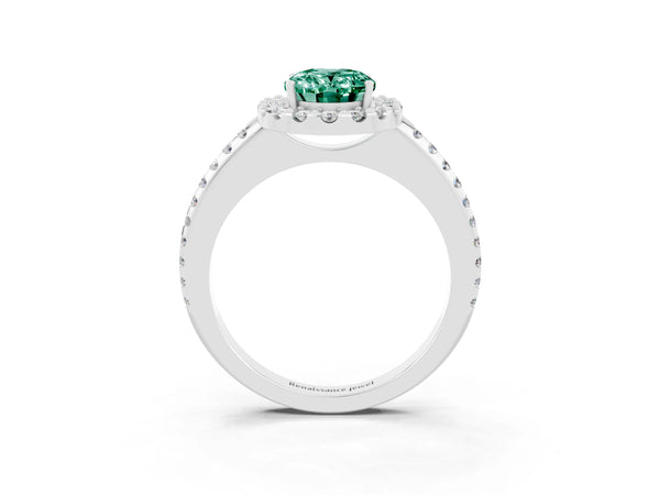 Silver Oval Cut Green Sapphire Pavé Halo Ring with Four-Prong Setting