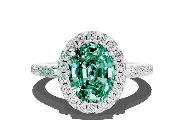 Platinum Oval Cut Green Sapphire Pavé Halo Ring with Four-Prong Setting