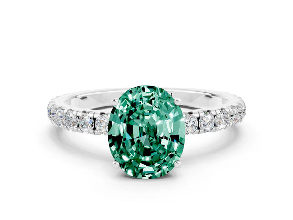 Platinum Oval Cut Green Sapphire Pavé Solitaire Engagement Ring with Four-Prong Setting