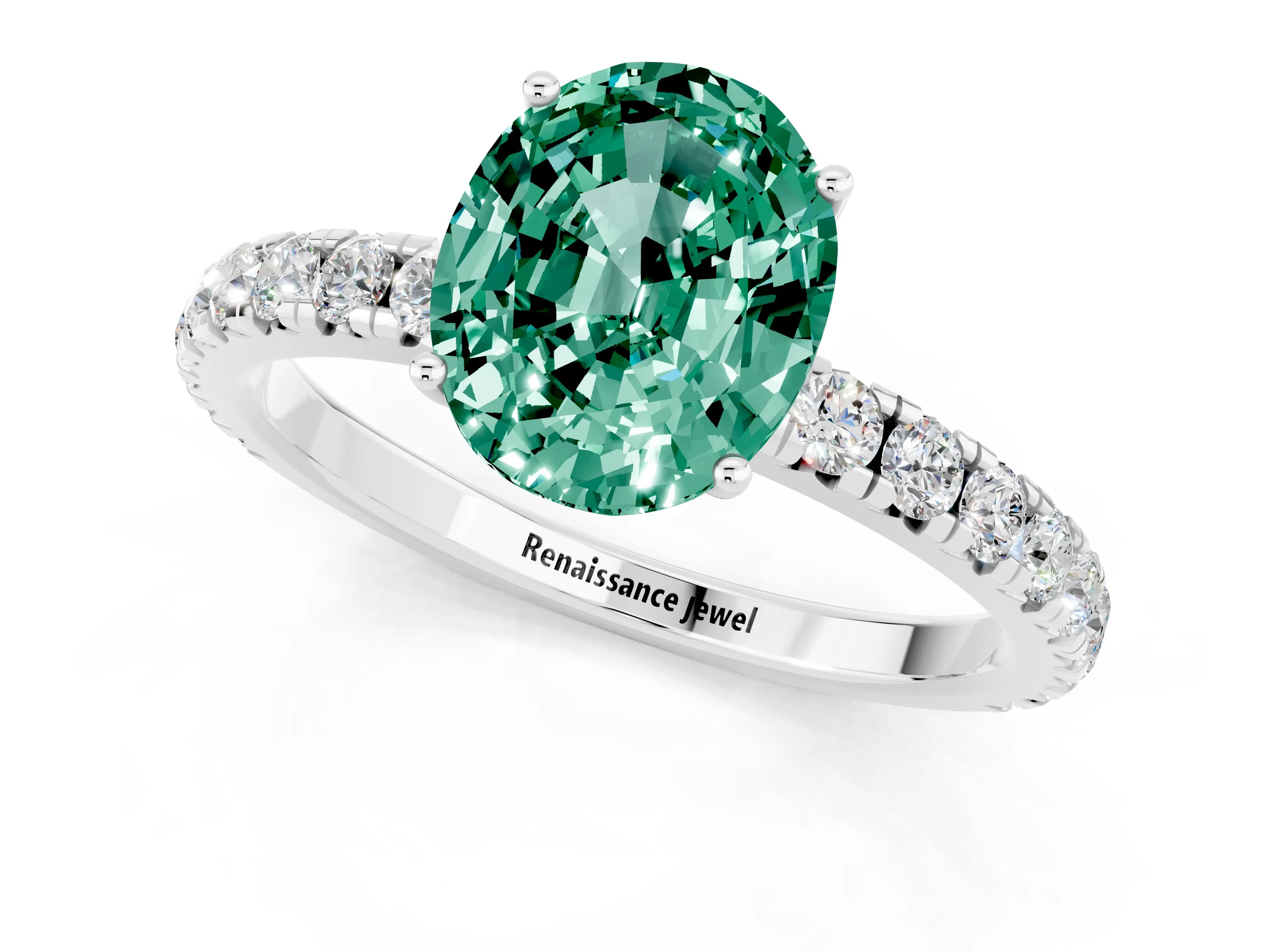 White gold Oval Cut Green Sapphire Pavé Solitaire Engagement Ring with Four-Prong Setting_13
