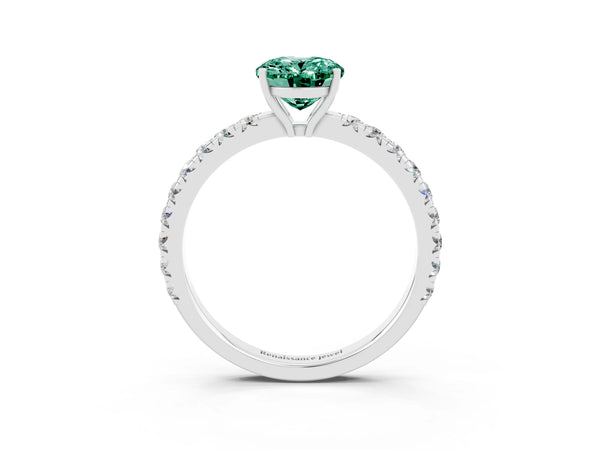 Platinum Oval Cut Green Sapphire Pavé Solitaire Engagement Ring with Four-Prong Setting