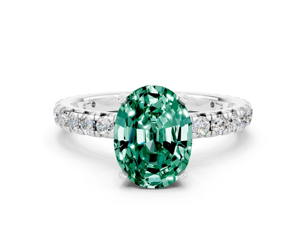 Silver Oval Cut Green Sapphire Pavé Solitaire Ring with Round Band and Prong Setting