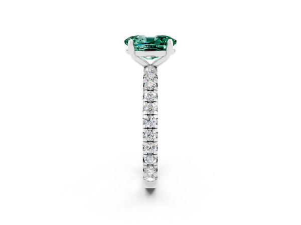 Platinum Oval Cut Green Sapphire Pavé Solitaire Ring with Round Band and Prong Setting