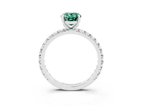 Platinum Oval Cut Green Sapphire Pavé Solitaire Ring with Round Band and Prong Setting